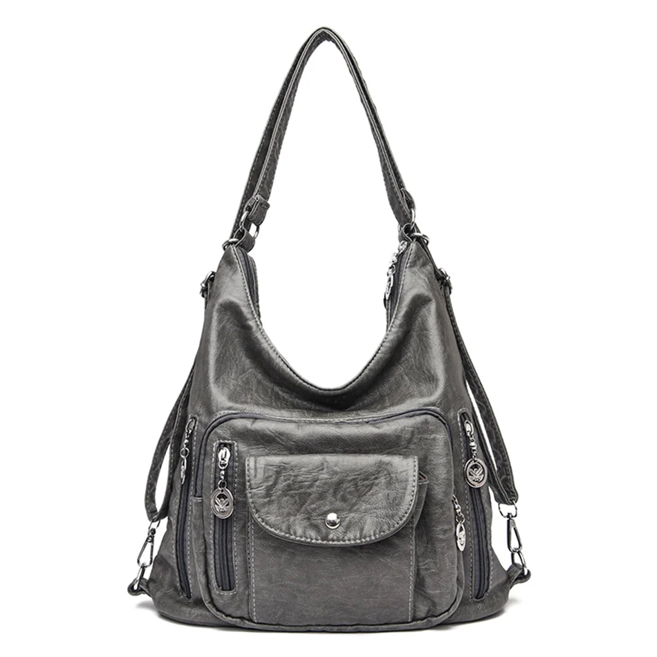Sac à dos gris femme simili cuir double fermeture argenté